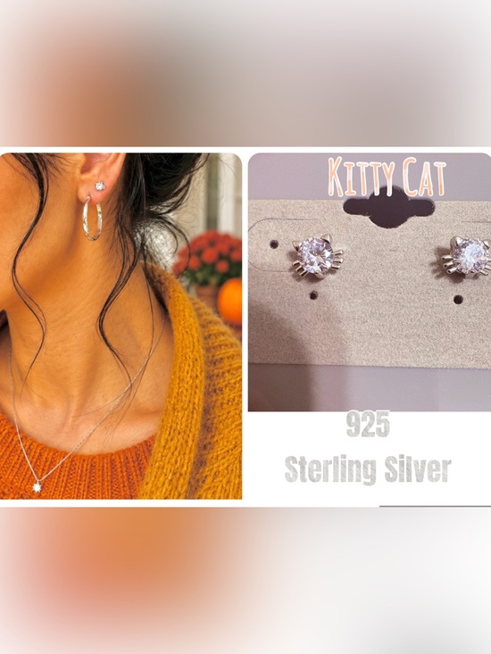 Artisan Jewelry - Sterling Silver Shiny 925 Kitty Cat Sparkling CZ Stud Earrings Brand New